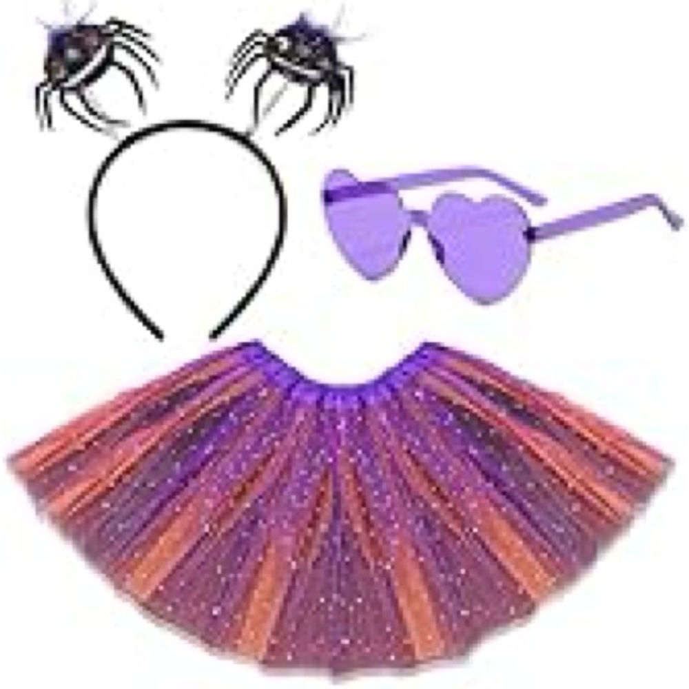 BRAND NEW Purple and Orange Glitter Tutu Set with Spider Headband and Sunglasses